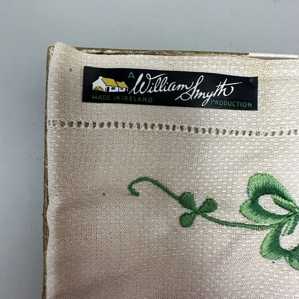Vtg William Smyth Irish Linen Shamrock Drawn Thread Guest Towels Orig Box